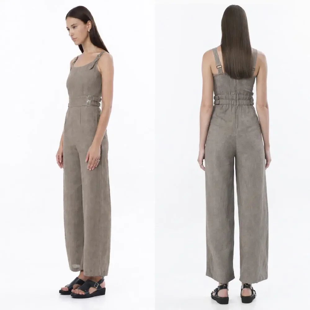 Jonny Cota Women's Chick Buckle Gray Linen Overalls Jumpsuit S Wide‎ Leg Luxury